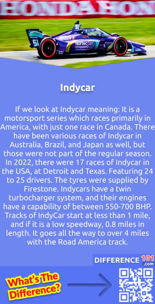 What Is An Indycar?
If we look at Indycar meaning: It is a motorsport series which races primarily in America, with just one race in Canada. There have been various races of Indycar in Australia, Brazil, and Japan as well, but those were not part of the regular season. In 2022, there were 17 races of Indycar in the USA, at Detroit and Texas. Featuring 24 to 25 drivers. Some of the drivers had different color schemes according to every race. The tyres were supplied by Firestone and feature different dry-weather compounds. Wet tyres were also available for road courses and streets. Indycars have a twin turbocharger system, and their engines have a capability of between 550-700 BHP. Tracks of IndyCar start at less than 1 mile, and if it is a low speedway, 0.8 miles in length. It goes all the way to over 4 miles with the Road America track.