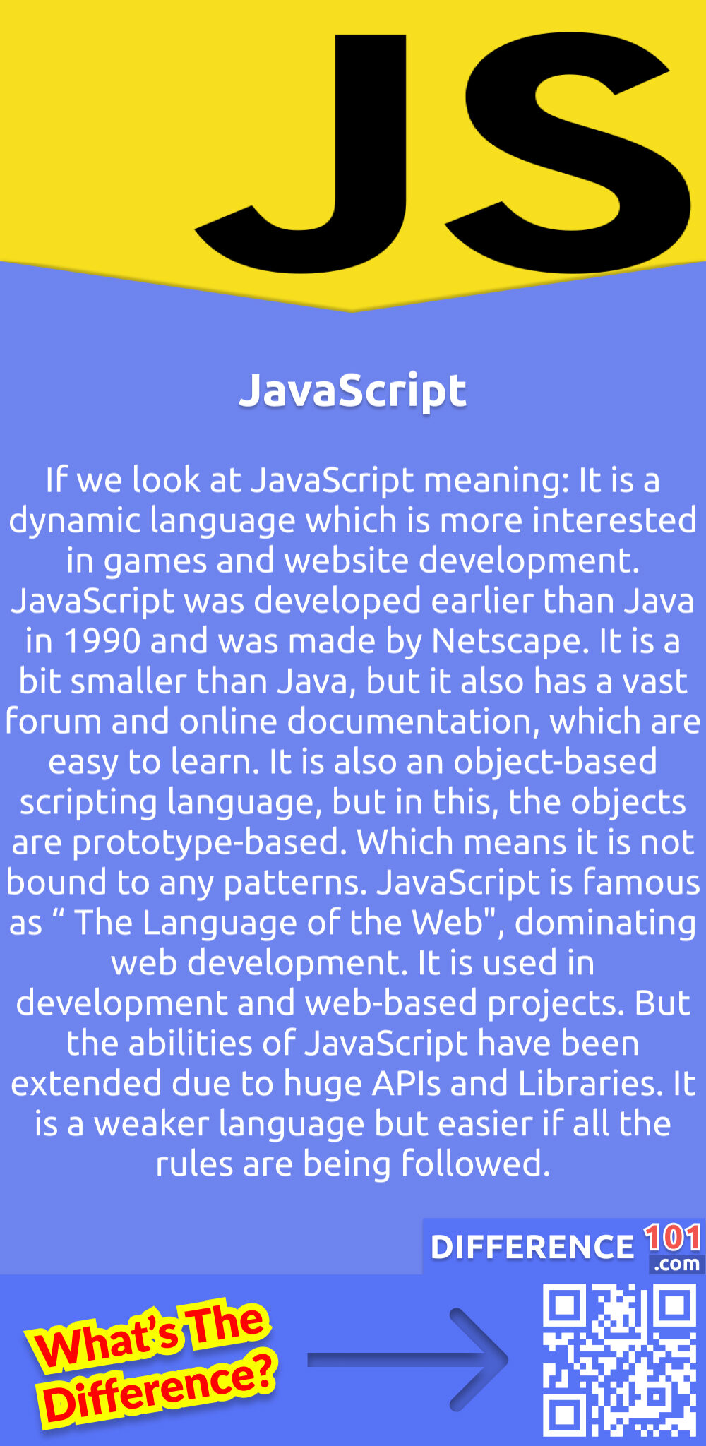 What Is JavaScript? If we look at JavaScript meaning: It is a dynamic language which is more interested in games and website development. JavaScript was developed earlier than Java in 1990 and was made by Netscape. It is a bit smaller than Java, but it also has a vast forum and online documentation, which are easy to learn. It is also an object-based scripting language, but in this, the objects are prototype-based. Which means it is not bound to any patterns. JavaScript is famous as “ The Language of the Web", dominating web development. It is used in development and web-based projects. But the abilities of JavaScript have been extended due to huge APIs and Libraries. It is a weaker language but easier if all the rules are being followed.