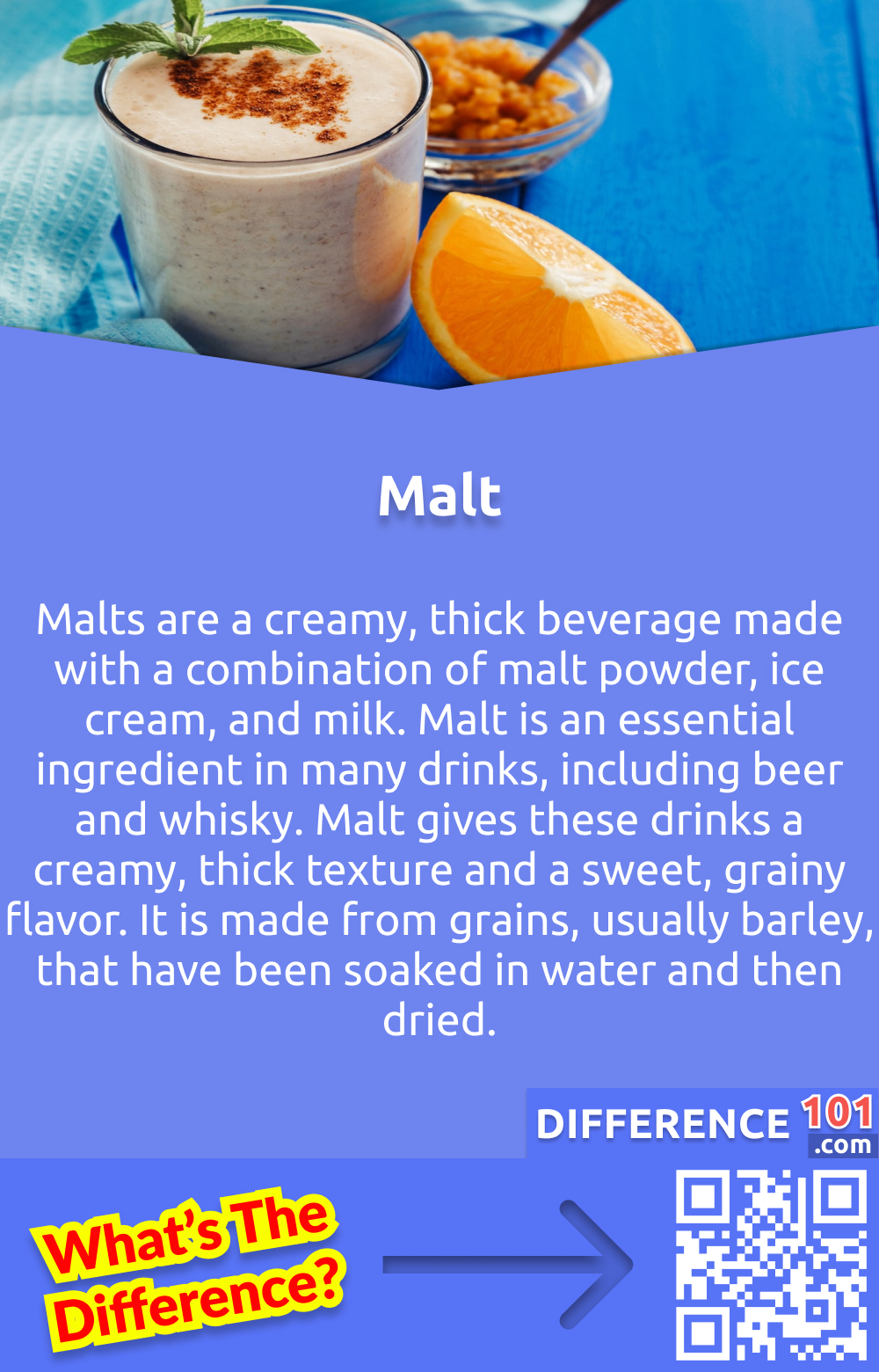 What Is Malt? Malts are a creamy, thick beverage made with a combination of malt powder, ice cream, and milk. Malt is an essential ingredient in many drinks, including beer and whisky. Malt gives these drinks a creamy, thick texture and a sweet, grainy flavor. It is made from grains, usually barley, that have been soaked in water and then dried. This process, known as malting, unlocks the starches in the grain that are needed to make beer or whiskey. In addition to activating the starches, the malt also creates a range of flavors, colors, and aromas in the beer or whiskey. Depending on the malt and the process used, the flavor of the beer or whiskey can range from light and floral to malty and sweet.
