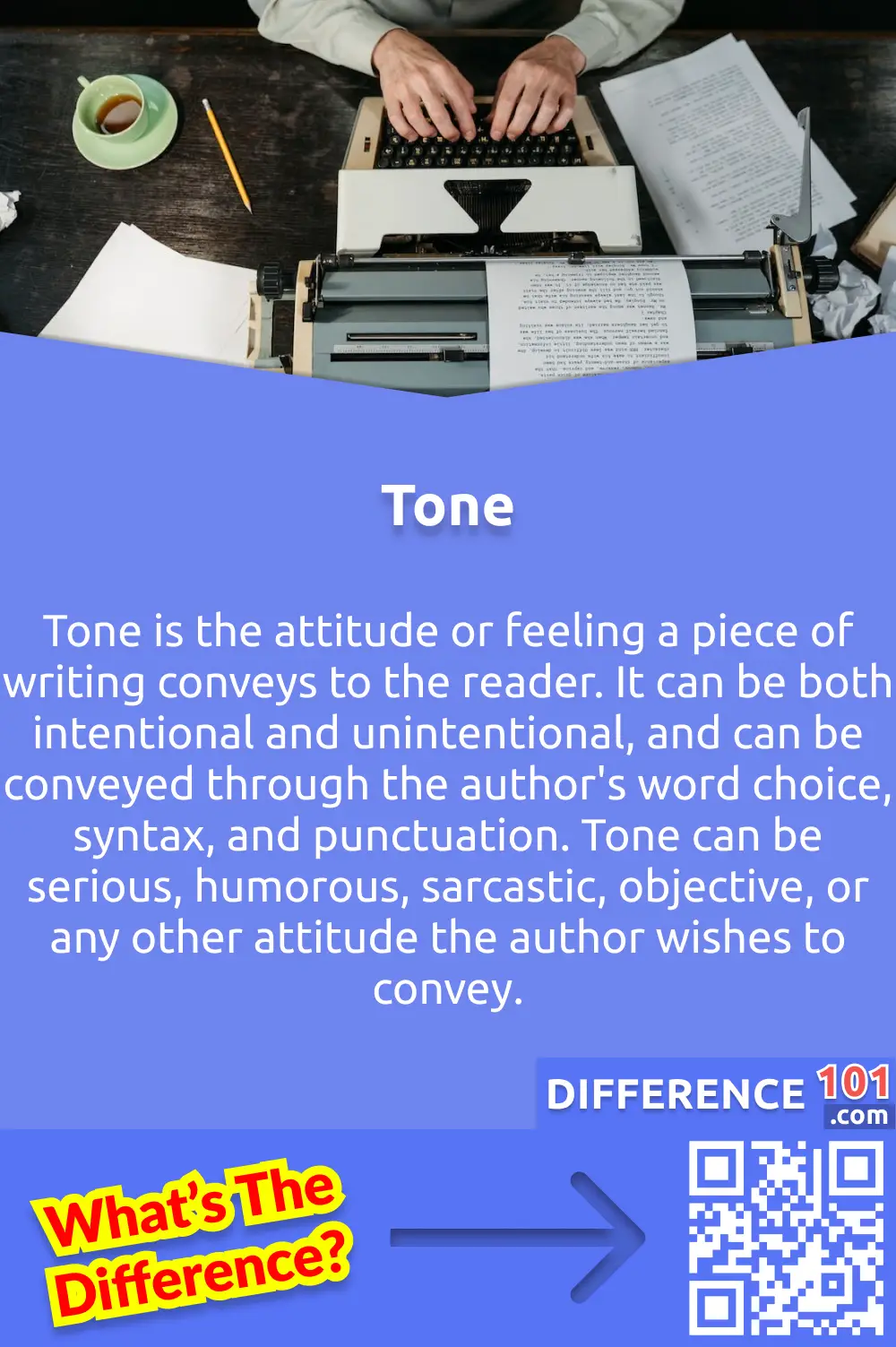 What Is Tone? Tone is the attitude or feeling a piece of writing conveys to the reader. It can be both intentional and unintentional, and can be conveyed through the author's word choice, syntax, and punctuation. Tone can be serious, humorous, sarcastic, objective, or any other attitude the author wishes to convey. Tone can also be affected by the author's choice of subject matter, the point of view they are writing from, and the emotional state of the author at the time of writing. It is important to take the tone of a piece of writing into consideration, as this can significantly affect the way the reader interprets the content.  