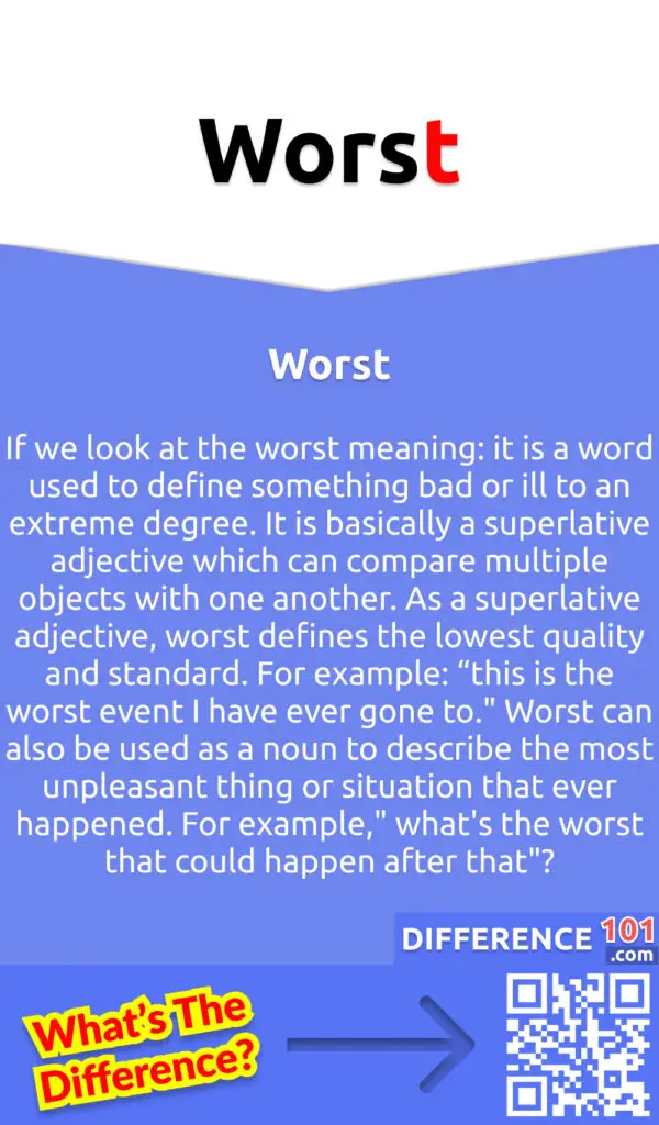 What Is Worst?
If we look at the worst meaning: it is a word used to define something bad or ill to an extreme degree. It is basically a superlative adjective which can compare multiple objects with one another. As a superlative adjective, worst defines the lowest quality and standard. For example: “this is the worst event I have ever gone to." Worst can also be used as a noun to describe the most unpleasant thing or situation that ever happened. For example," what's the worst that could happen after that"?