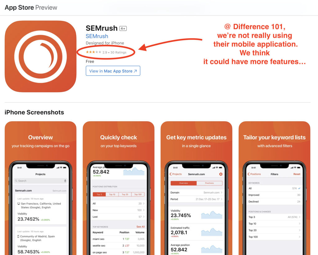 Application mobile Semrush - Apple App Store - Différence 101