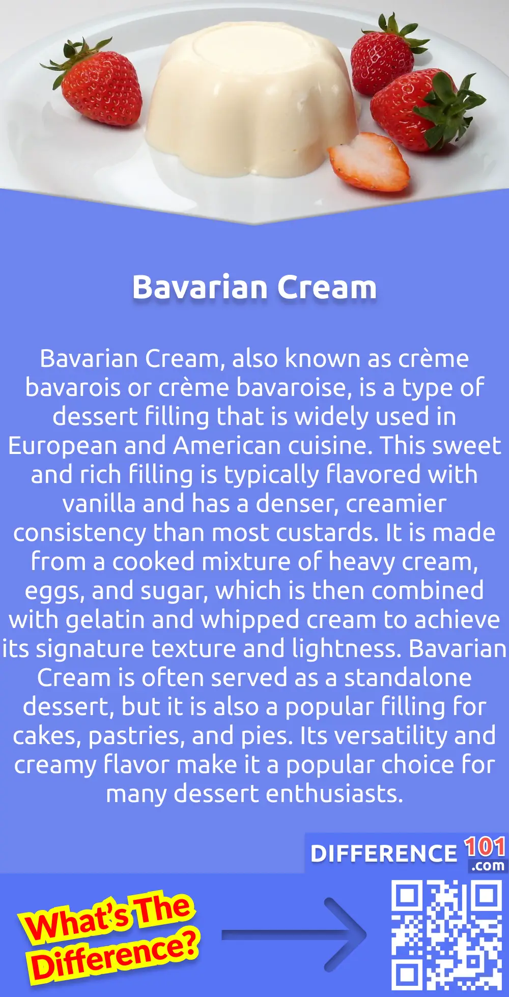 What Is Bavarian Cream? Bavarian Cream, also known as crème bavarois or crème bavaroise, is a type of dessert filling that is widely used in European and American cuisine. This sweet and rich filling is typically flavored with vanilla and has a denser, creamier consistency than most custards. It is made from a cooked mixture of heavy cream, eggs, and sugar, which is then combined with gelatin and whipped cream to achieve its signature texture and lightness. Bavarian Cream is often served as a standalone dessert, but it is also a popular filling for cakes, pastries, and pies. Its versatility and creamy flavor make it a popular choice for many dessert enthusiasts.
