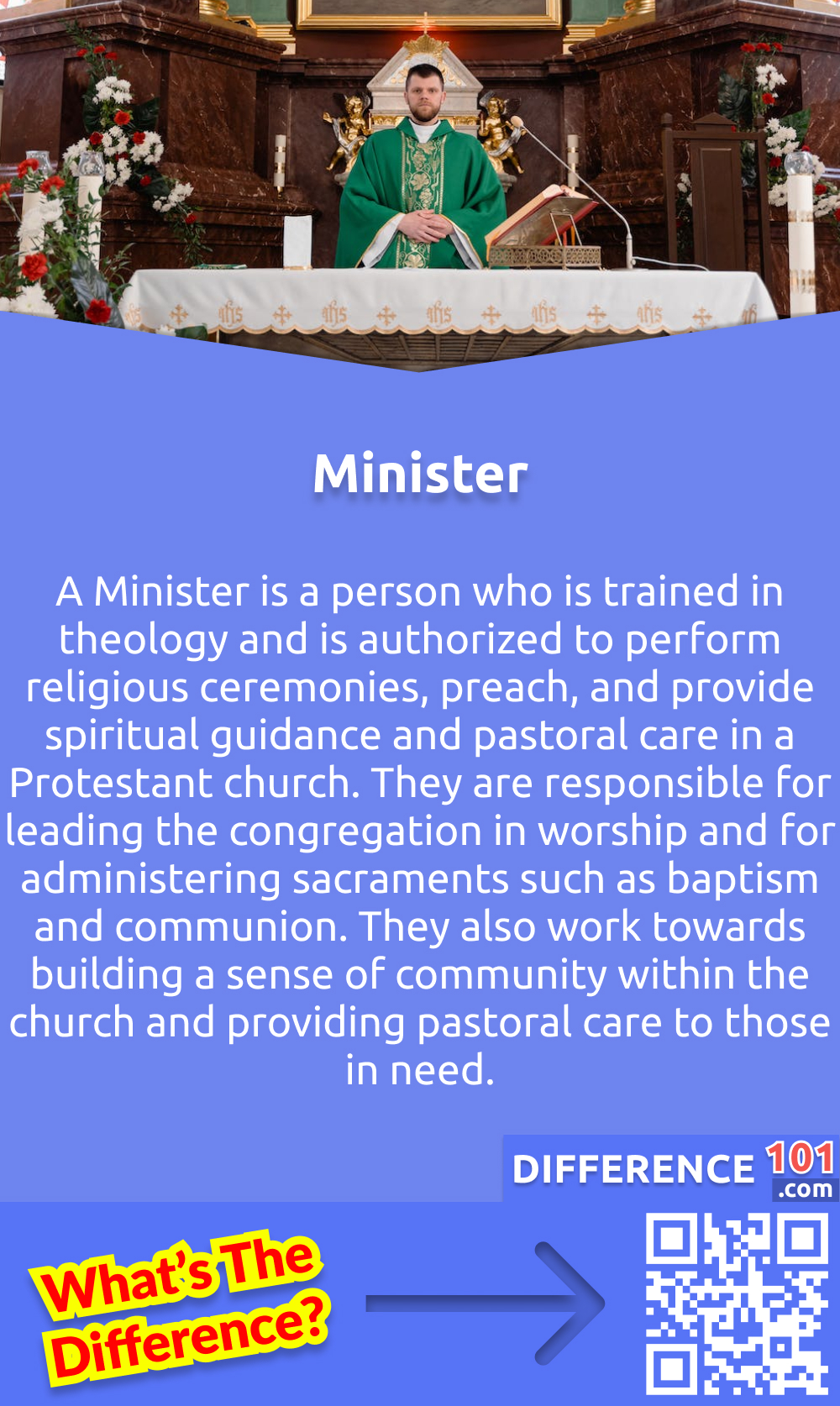 What Is Minister? A Minister is a person who is trained in theology and is authorized to perform religious ceremonies, preach, and provide spiritual guidance and pastoral care in a Protestant church. They are responsible for leading the congregation in worship and for administering sacraments such as baptism and communion. They also work towards building a sense of community within the church and providing pastoral care to those in need. This can include counseling, visiting the sick and elderly, and offering support to individuals and families facing challenges. A Minister is not only a spiritual leader, but also an educator and facilitator, encouraging their congregation to explore and deepen their faith.