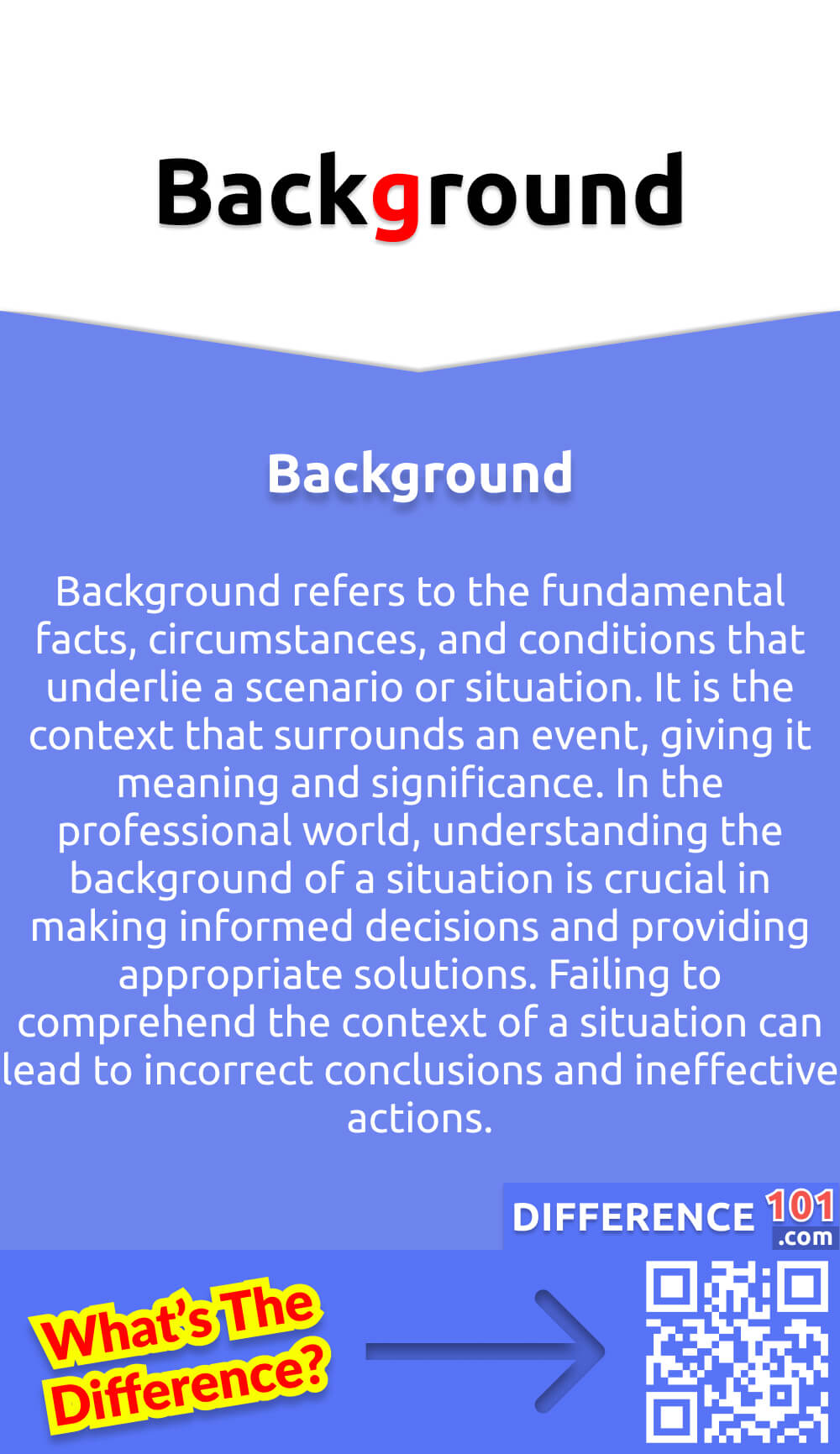 What Is Background? Background refers to the fundamental facts, circumstances, and conditions that underlie a scenario or situation. It is the context that surrounds an event, giving it meaning and significance. In the professional world, understanding the background of a situation is crucial in making informed decisions and providing appropriate solutions. Failing to comprehend the context of a situation can lead to incorrect conclusions and ineffective actions. In order to fully understand a situation or problem, it is essential to examine it in its entirety, including its historical, cultural, and social background. Only by carefully evaluating the background can we properly address the issue at hand and develop effective strategies for moving forward.