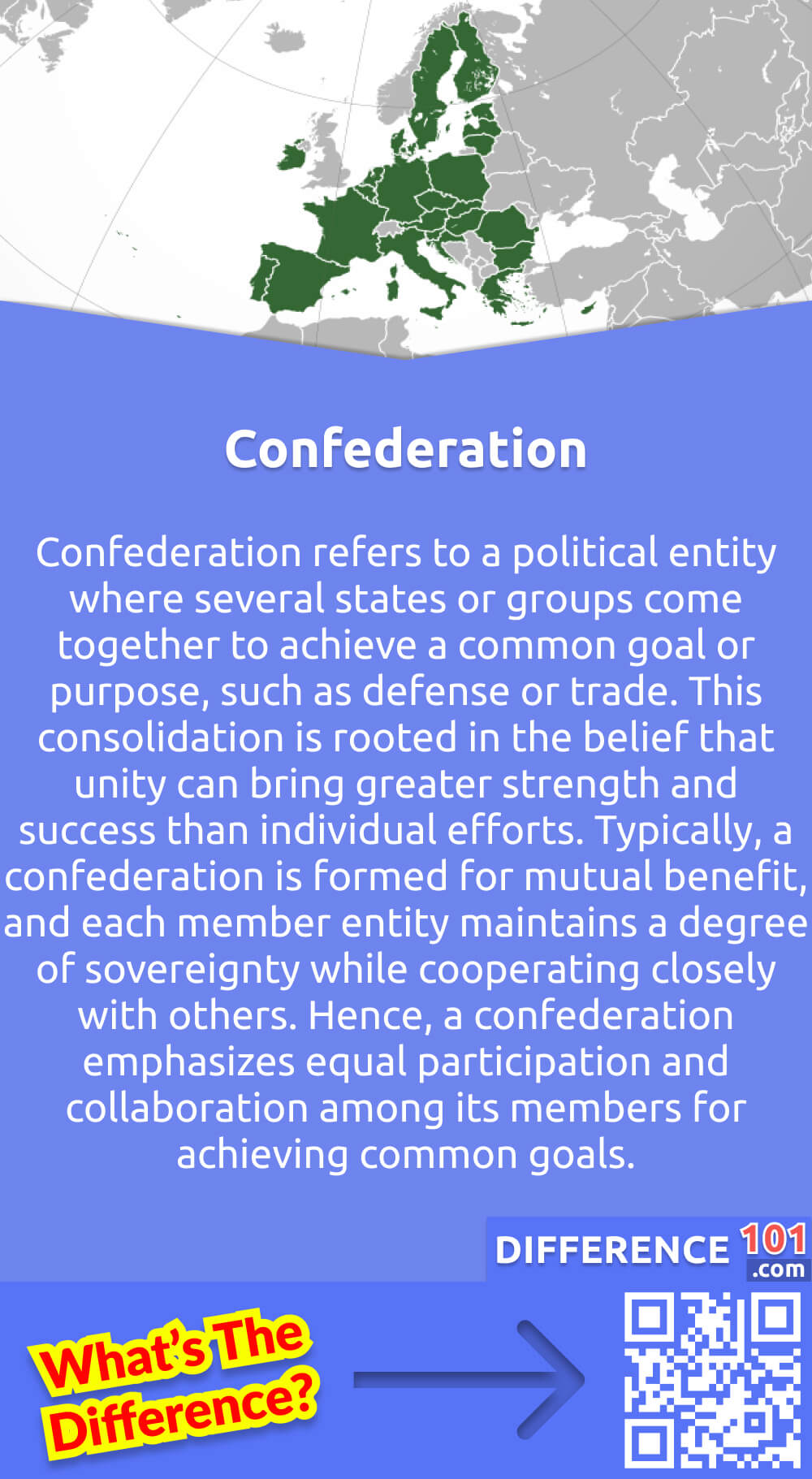 What Is Confederation? Confederation refers to a political entity where several states or groups come together to achieve a common goal or purpose, such as defense or trade. This consolidation is rooted in the belief that unity can bring greater strength and success than individual efforts. Typically, a confederation is formed for mutual benefit, and each member entity maintains a degree of sovereignty while cooperating closely with others. The United States, for example, was originally formed as a confederation of thirteen colonies to ensure mutual support and protection against British rule, and later, to create an economic union to benefit all member states. Hence, a confederation emphasizes equal participation and collaboration among its members for achieving common goals.