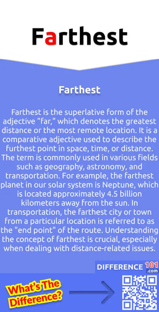 What Is Farthest?
Farthest is the superlative form of the adjective "far," which denotes the greatest distance or the most remote location. It is a comparative adjective used to describe the furthest point in space, time, or distance. The term is commonly used in various fields such as geography, astronomy, and transportation. For example, the farthest planet in our solar system is Neptune, which is located approximately 4.5 billion kilometers away from the sun. In transportation, the farthest city or town from a particular location is referred to as the "end point" of the route. Understanding the concept of farthest is crucial, especially when dealing with distance-related issues.