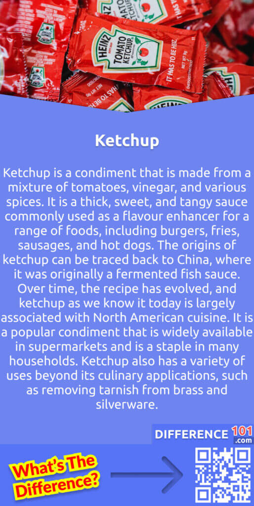 What Is Ketchup? Ketchup is a condiment that is made from a mixture of tomatoes, vinegar, and various spices. It is a thick, sweet, and tangy sauce commonly used as a flavour enhancer for a range of foods, including burgers, fries, sausages, and hot dogs. The origins of ketchup can be traced back to China, where it was originally a fermented fish sauce. Over time, the recipe has evolved, and ketchup as we know it today is largely associated with North American cuisine. It is a popular condiment that is widely available in supermarkets and is a staple in many households. Ketchup also has a variety of uses beyond its culinary applications, such as removing tarnish from brass and silverware.