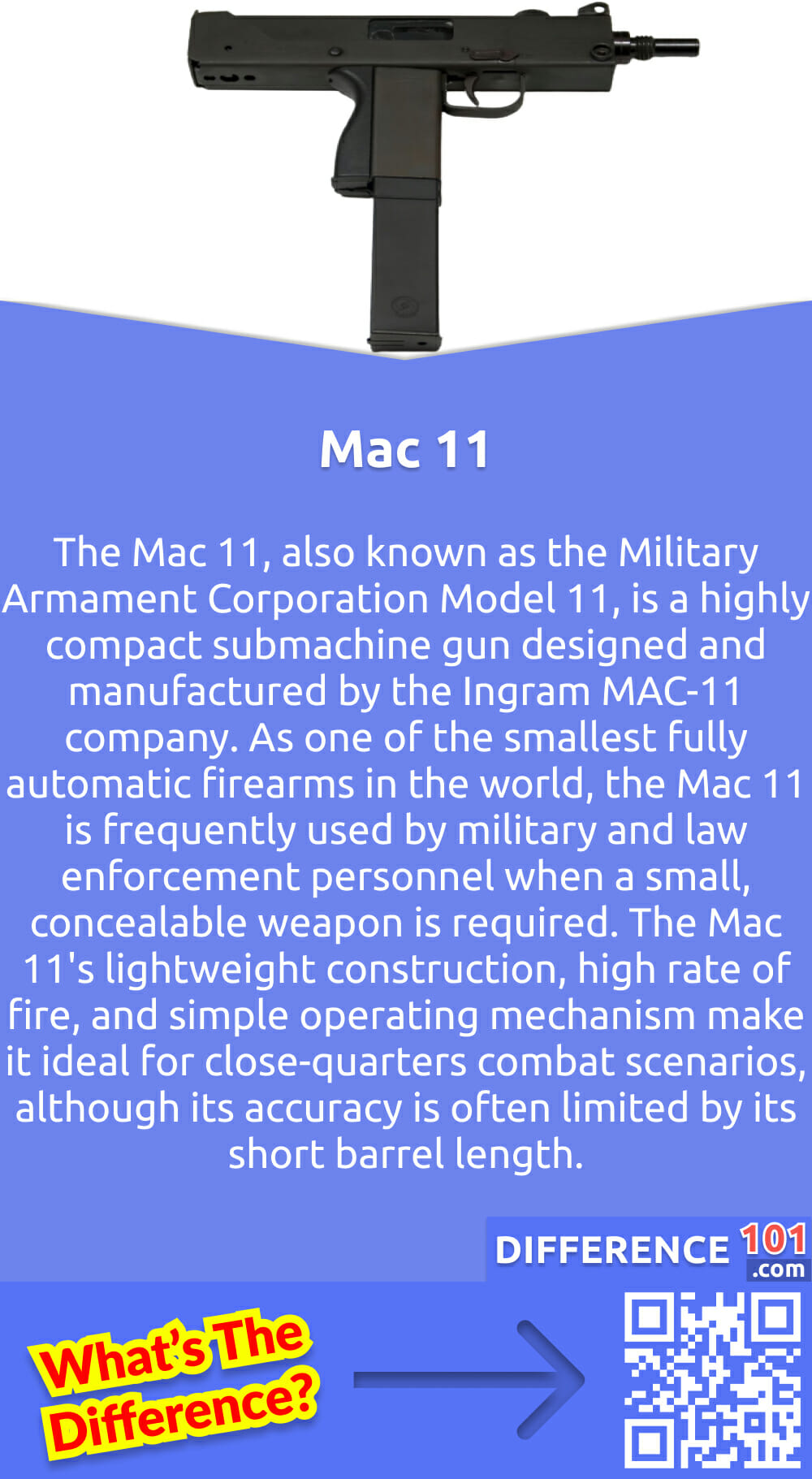 What Is Mac 11? The Mac 11, also known as the Military Armament Corporation Model 11, is a highly compact submachine gun designed and manufactured by the Ingram MAC-11 company. As one of the smallest fully automatic firearms in the world, the Mac 11 is frequently used by military and law enforcement personnel when a small, concealable weapon is required. The Mac 11's lightweight construction, high rate of fire, and simple operating mechanism make it ideal for close-quarters combat scenarios, although its accuracy is often limited by its short barrel length. Despite some controversy surrounding its capacity and potential for illicit use, the Mac 11 remains a popular choice amongst those in need of a highly concealable and versatile weapon.