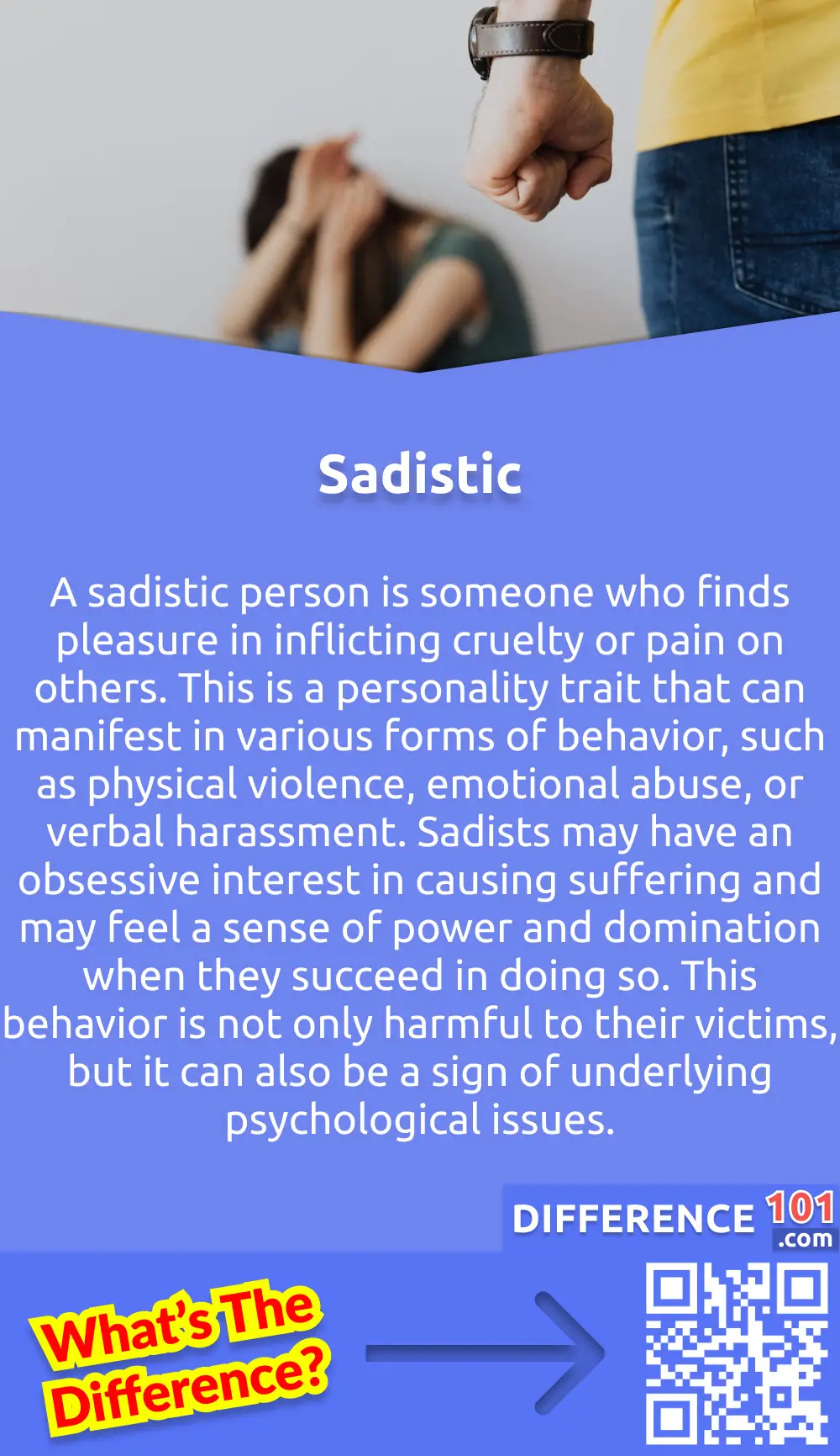 What Is Sadistic? A sadistic person is someone who finds pleasure in inflicting cruelty or pain on others. This is a personality trait that can manifest in various forms of behavior, such as physical violence, emotional abuse, or verbal harassment. Sadists may have an obsessive interest in causing suffering and may feel a sense of power and domination when they succeed in doing so. This behavior is not only harmful to their victims, but it can also be a sign of underlying psychological issues. Sadism is considered a serious mental disorder and can lead to legal repercussions. Therefore, it is essential to seek professional help if you or someone you know shows symptoms of sadistic behavior.