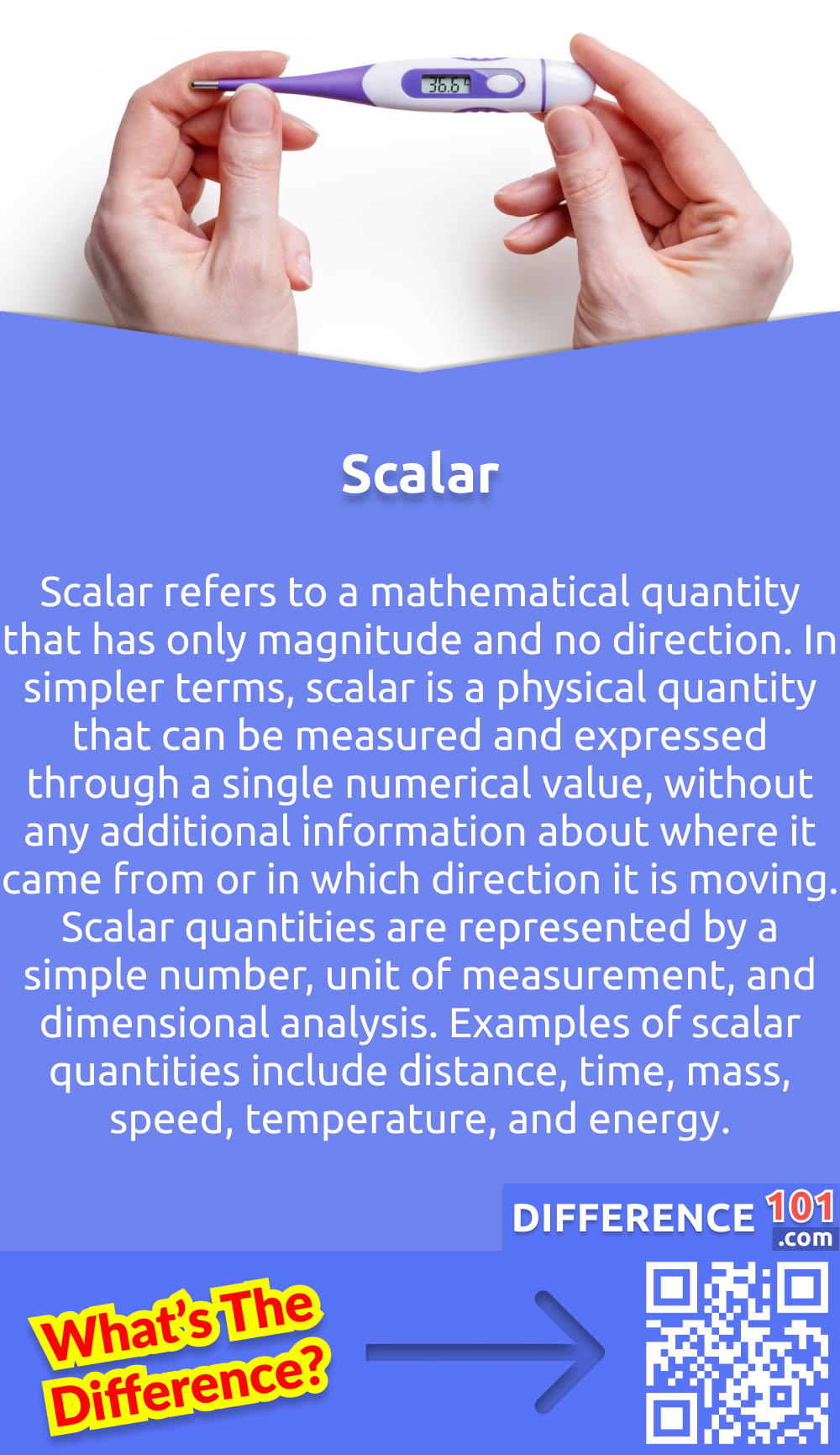 What Is Scalar? Scalar refers to a mathematical quantity that has only magnitude and no direction. In simpler terms, scalar is a physical quantity that can be measured and expressed through a single numerical value, without any additional information about where it came from or in which direction it is moving. Scalar quantities are represented by a simple number, unit of measurement, and dimensional analysis. Examples of scalar quantities include distance, time, mass, speed, temperature, and energy. Understanding scalars is essential to many fields of science, including physics, chemistry, and engineering, as it lays the foundation for the analysis of complex mathematical concepts and calculations.