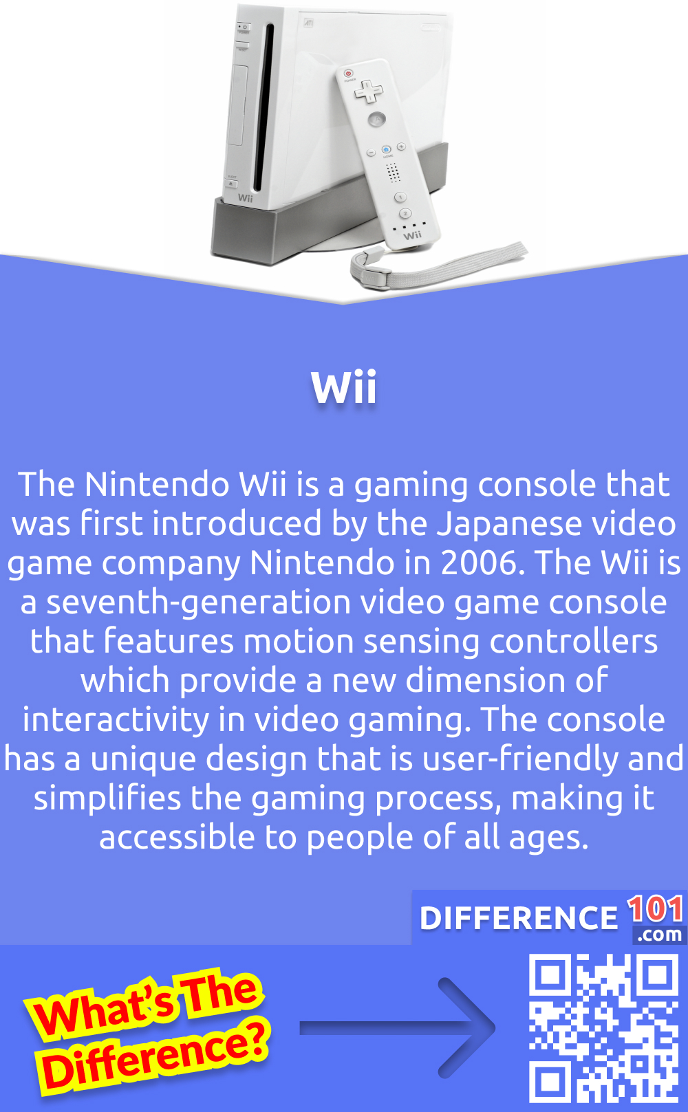What Is Wii? The Nintendo Wii is a gaming console that was first introduced by the Japanese video game company Nintendo in 2006. It is regarded as a worthy successor to its previous console, GameCube. The Wii is a seventh-generation video game console that features motion sensing controllers which provide a new dimension of interactivity in video gaming. The console has a unique design that is user-friendly and simplifies the gaming process, making it accessible to people of all ages. Its vast selection of games caters to a wide range of demographics and genres, including sports, racing, action, and adventure. Overall, the Nintendo Wii has proven to be a popular and innovative gaming console that has found success among gamers worldwide.