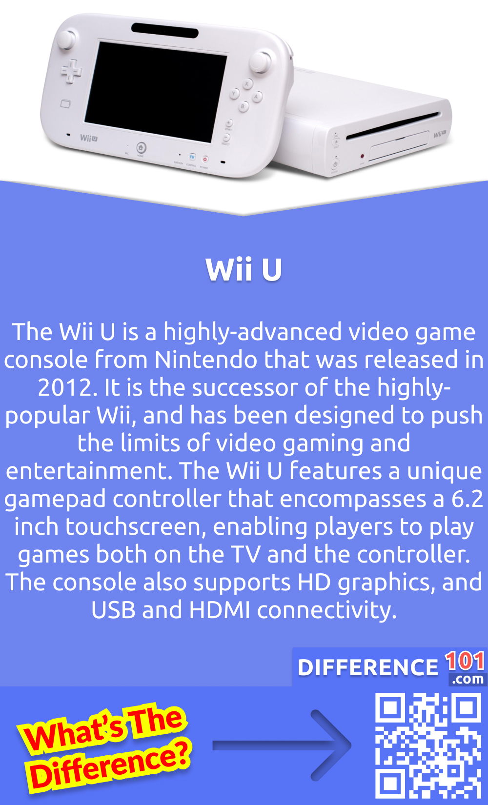 What Is Wii U? The Wii U is a highly-advanced video game console from Nintendo that was released in 2012. It is the successor of the highly-popular Wii, and has been designed to push the limits of video gaming and entertainment. The Wii U features a unique gamepad controller that encompasses a 6.2 inch touchscreen, enabling players to play games both on the TV and the controller. The console also supports HD graphics, and USB and HDMI connectivity. It allows multiple players to join in on games simultaneously, thereby enhancing the multiplayer gaming experience. With its innovative features and highly advanced technology, the Wii U is a significant upgrade from the Wii and has become a highly sought-after gaming console among gamers.