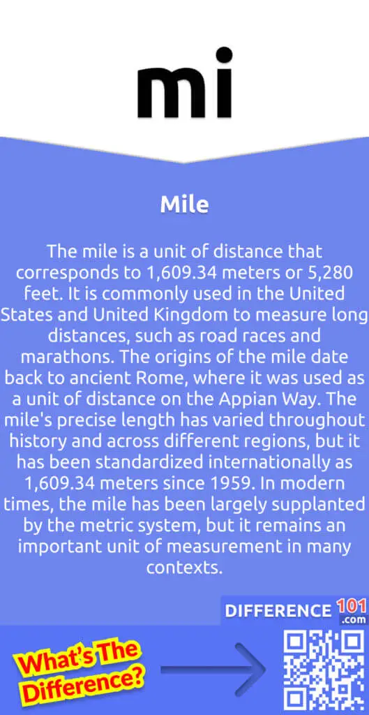 What Is Mile?
The mile is a unit of distance that corresponds to 1,609.34 meters or 5,280 feet. It is commonly used in the United States and United Kingdom to measure long distances, such as road races and marathons. The origins of the mile date back to ancient Rome, where it was used as a unit of distance on the Appian Way. The mile's precise length has varied throughout history and across different regions, but it has been standardized internationally as 1,609.34 meters since 1959. In modern times, the mile has been largely supplanted by the metric system, but it remains an important unit of measurement in many contexts.