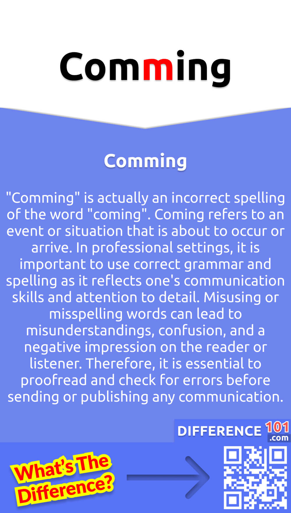 What Is Comming? "Comming" is actually an incorrect spelling of the word "coming". Coming refers to an event or situation that is about to occur or arrive. In professional settings, it is important to use correct grammar and spelling as it reflects one's communication skills and attention to detail. Misusing or misspelling words can lead to misunderstandings, confusion, and a negative impression on the reader or listener. Therefore, it is essential to proofread and check for errors before sending or publishing any communication. In summary, while "comming" may seem like a small mistake, it can make a significant impact on one's professionalism and credibility.