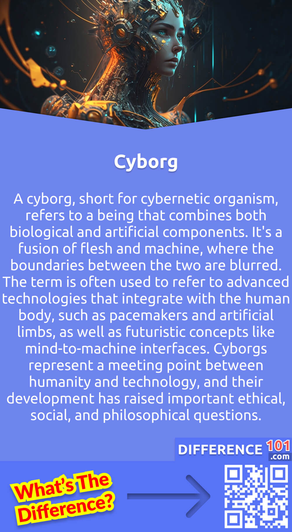 What Is Cyborg? A cyborg, short for cybernetic organism, refers to a being that combines both biological and artificial components. It's a fusion of flesh and machine, where the boundaries between the two are blurred. The term is often used to refer to advanced technologies that integrate with the human body, such as pacemakers and artificial limbs, as well as futuristic concepts like mind-to-machine interfaces. Cyborgs represent a meeting point between humanity and technology, and their development has raised important ethical, social, and philosophical questions. As we continue to merge our biological selves with advanced technology, the concept of what it means to be human is rapidly evolving.