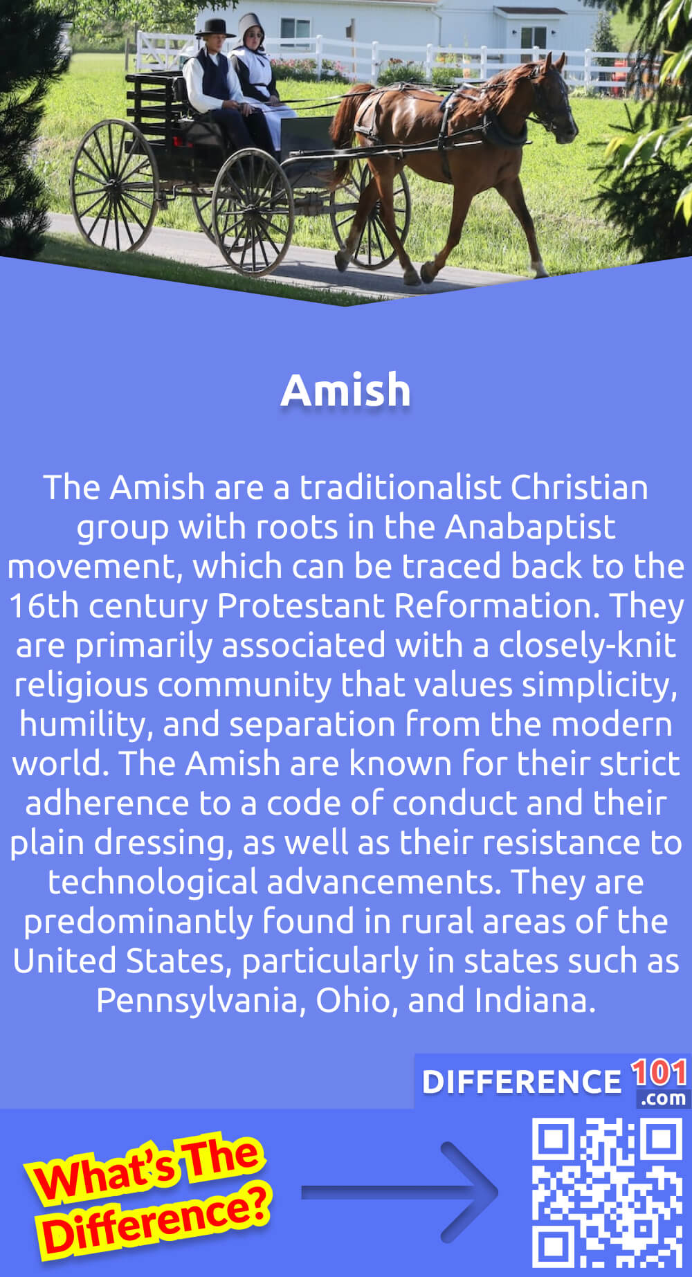 What Is Amish? The Amish are a traditionalist Christian group with roots in the Anabaptist movement, which can be traced back to the 16th century Protestant Reformation. They are primarily associated with a closely-knit religious community that values simplicity, humility, and separation from the modern world. The Amish are known for their strict adherence to a code of conduct and their plain dressing, as well as their resistance to technological advancements. They are predominantly found in rural areas of the United States, particularly in states such as Pennsylvania, Ohio, and Indiana. The hallmark of Amish life is their commitment to agrarian-based living and their aversion to many aspects of modern society, such as electricity, cars, and telephones.