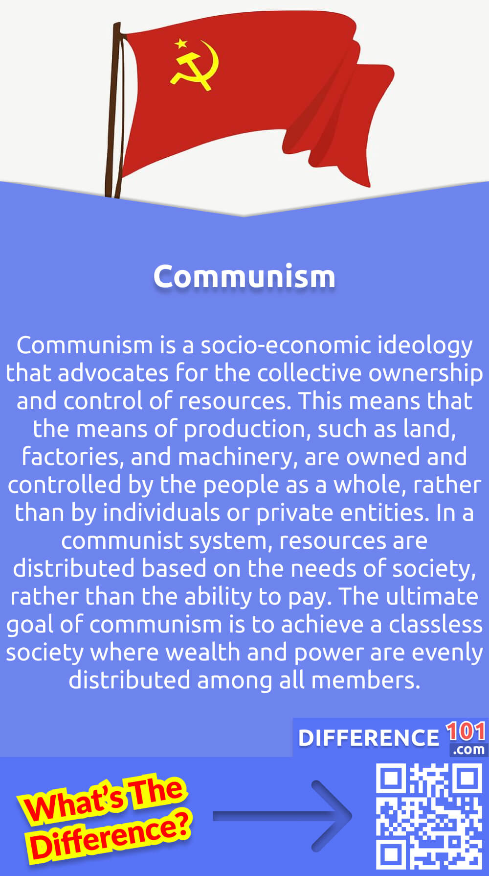 What Is Communism? Communism is a socio-economic ideology that advocates for the collective ownership and control of resources. This means that the means of production, such as land, factories, and machinery, are owned and controlled by the people as a whole, rather than by individuals or private entities. In a communist system, resources are distributed based on the needs of society, rather than the ability to pay. The ultimate goal of communism is to achieve a classless society where wealth and power are evenly distributed among all members. While communism has been implemented in various forms throughout history, it has often been met with criticism and opposition due to concerns of government control and lack of individual freedoms.