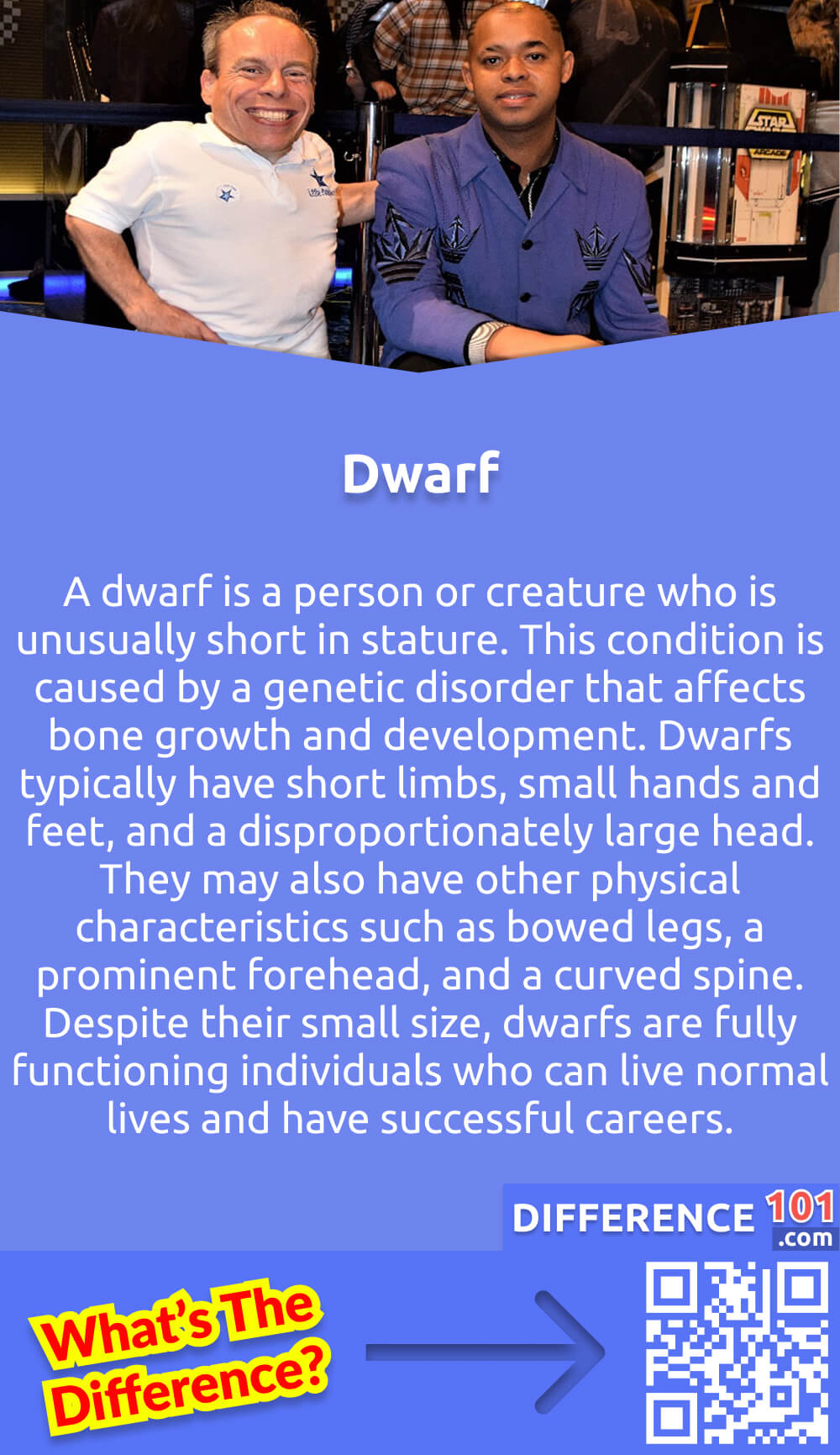 What Is Dwarf? A dwarf is a person or creature who is unusually short in stature. This condition is caused by a genetic disorder that affects bone growth and development. Dwarfs typically have short limbs, small hands and feet, and a disproportionately large head. They may also have other physical characteristics such as bowed legs, a prominent forehead, and a curved spine. Despite their small size, dwarfs are fully functioning individuals who can live normal lives and have successful careers. While some may face challenges in certain activities that require height, they can still participate in most activities and contribute to society in meaningful ways. It is important to treat dwarfs with respect and dignity, and not to discriminate against them based on their physical appearance.