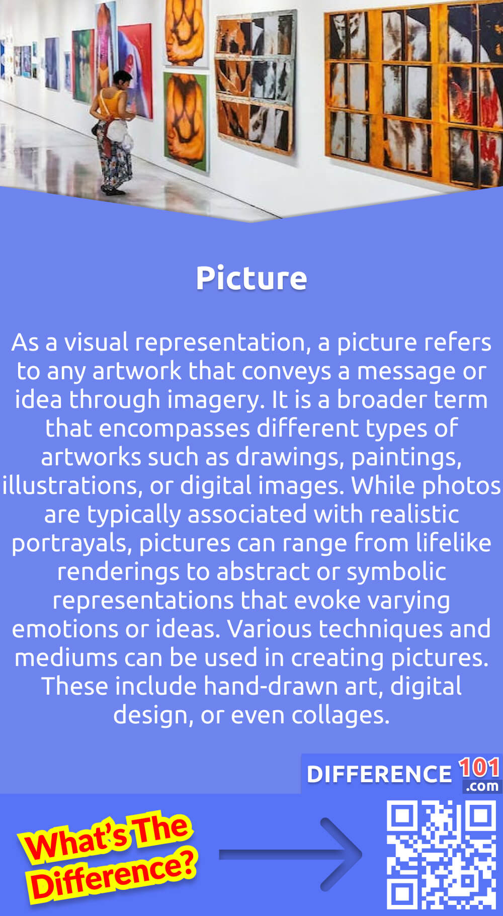 What Is Picture? As a visual representation, a picture refers to any artwork that conveys a message or idea through imagery. It is a broader term that encompasses different types of artworks such as drawings, paintings, illustrations, or digital images. While photos are typically associated with realistic portrayals, pictures can range from lifelike renderings to abstract or symbolic representations that evoke varying emotions or ideas. Various techniques and mediums can be used in creating pictures. These include hand-drawn art, digital design, or even collages. As such, pictures are a powerful tool for communication and expression, and they play an essential role in various fields such as advertising, design, and art.