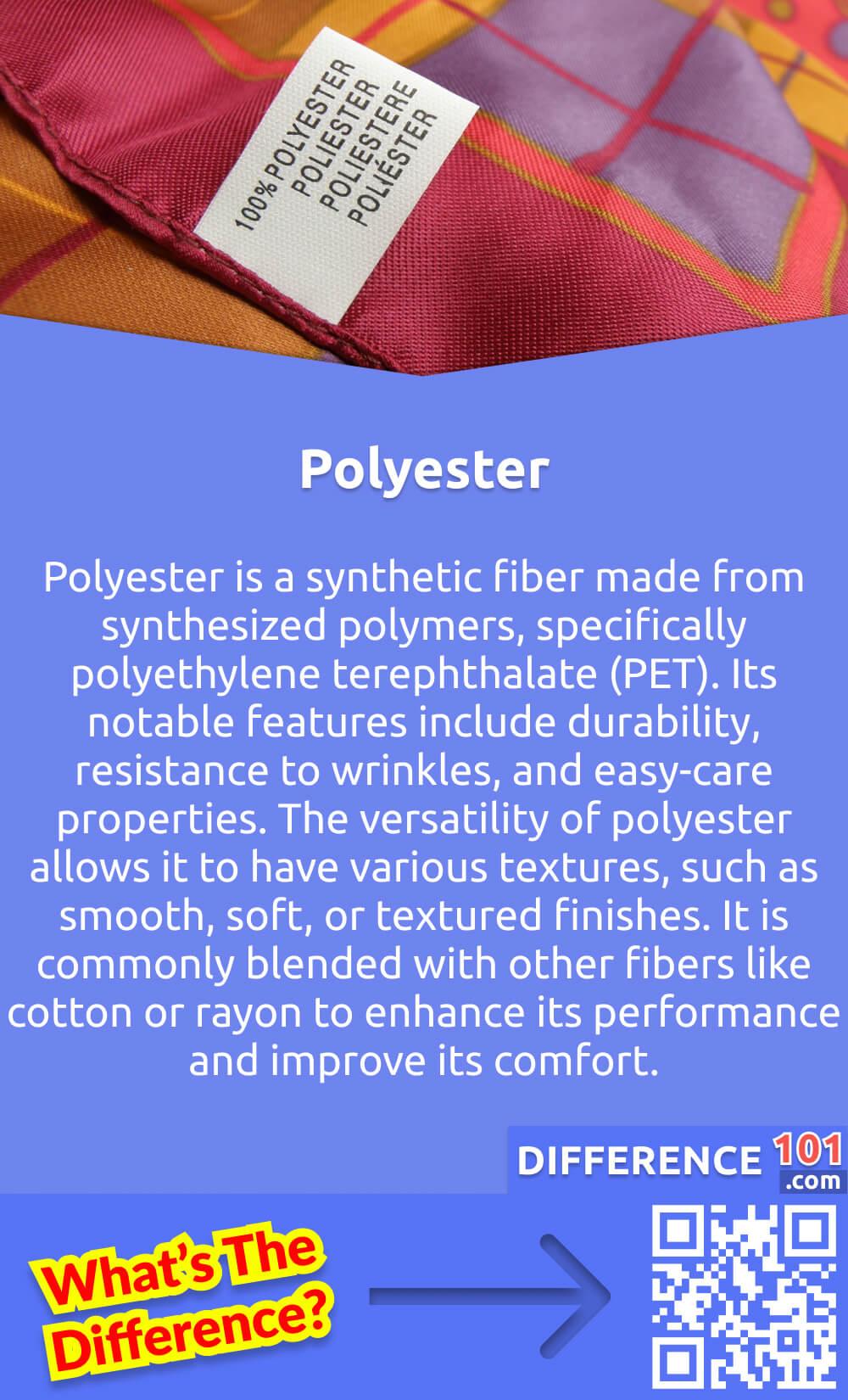 What Is Polyester? Polyester is a synthetic fiber made from synthesized polymers, specifically polyethylene terephthalate (PET). Its notable features include durability, resistance to wrinkles, and easy-care properties. The versatility of polyester allows it to have various textures, such as smooth, soft, or textured finishes. It is commonly blended with other fibers like cotton or rayon to enhance its performance and improve its comfort. Polyester fabrics are renowned for their strength and resistance to stretching, shrinking, and wrinkling, making them ideal for apparel, home textiles, upholstery, and industrial applications. Additionally, polyester is popular among sportswear and outdoor gear due to its ability to wick moisture away from the skin and provide insulation.