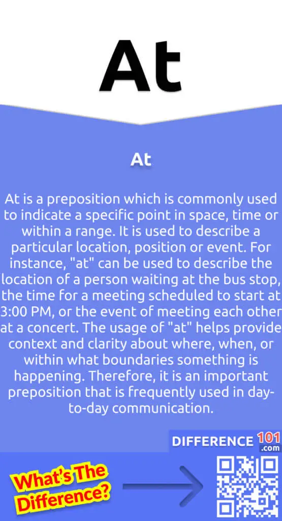 What Is At?
At is a preposition which is commonly used to indicate a specific point in space, time or within a range. It is used to describe a particular location, position or event. For instance, "at" can be used to describe the location of a person waiting at the bus stop, the time for a meeting scheduled to start at 3:00 PM, or the event of meeting each other at a concert. The usage of "at" helps provide context and clarity about where, when, or within what boundaries something is happening. Therefore, it is an important preposition that is frequently used in day-to-day communication.