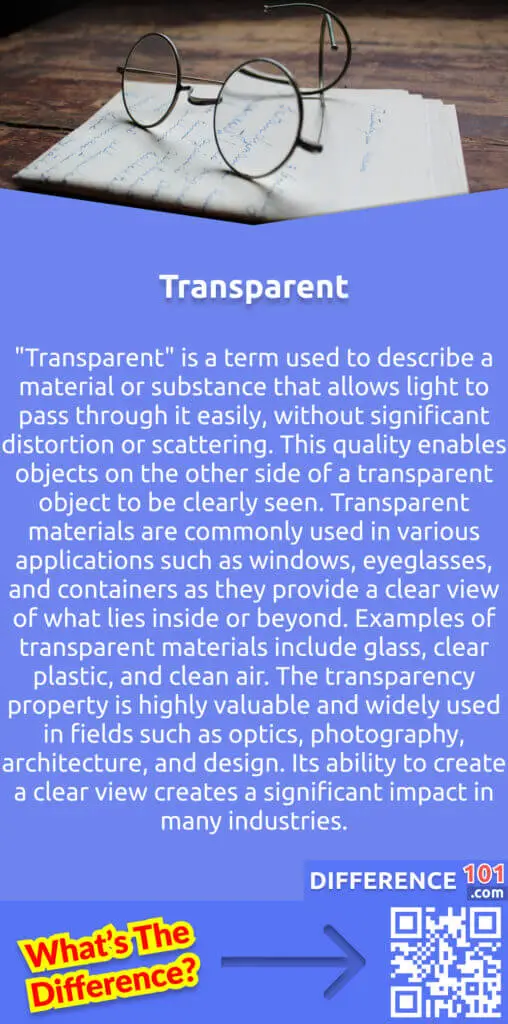 What Is Transparent?
"Transparent" is a term used to describe a material or substance that allows light to pass through it easily, without significant distortion or scattering. This quality enables objects on the other side of a transparent object to be clearly seen. Transparent materials are commonly used in various applications such as windows, eyeglasses, and containers as they provide a clear view of what lies inside or beyond. Examples of transparent materials include glass, clear plastic, and clean air. The transparency property is highly valuable and widely used in fields such as optics, photography, architecture, and design. Its ability to create a clear view creates a significant impact in many industries.