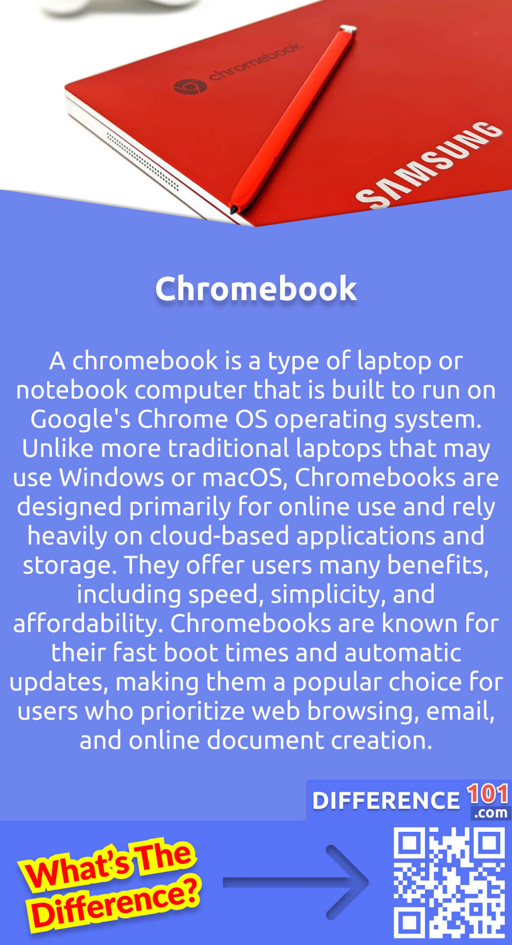 What Is a Chromebook? A Chromebook is a type of laptop or notebook computer that is built to run on Google's Chrome OS operating system. Unlike more traditional laptops that may use Windows or macOS, Chromebooks are designed primarily for online use and rely heavily on cloud-based applications and storage. They offer users many benefits, including speed, simplicity, and affordability. Chromebooks are known for their fast boot times and automatic updates, making them a popular choice for users who prioritize web browsing, email, and online document creation. Additionally, they come with built-in security features such as sandboxing of applications and automatic malware scanning. Overall, Chromebooks are an excellent choice for students, casual users, and anyone who primarily uses web-based applications in their day-to-day lives.