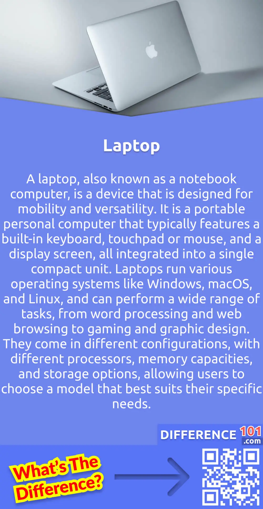 What Is a Laptop? A laptop, also known as a notebook computer, is a device that is designed for mobility and versatility. It is a portable personal computer that typically features a built-in keyboard, touchpad or mouse, and a display screen, all integrated into a single compact unit. Laptops run various operating systems like Windows, macOS, and Linux, and can perform a wide range of tasks, from word processing and web browsing to gaming and graphic design. They come in different configurations, with different processors, memory capacities, and storage options, allowing users to choose a model that best suits their specific needs. Laptops are widely used in both professional and personal settings, offering the flexibility to work or access information from virtually anywhere with an available power source.
